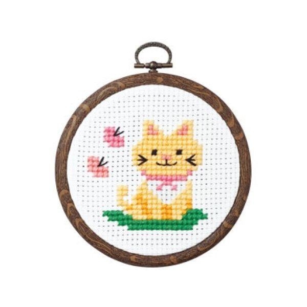 画像1: (op7348)オフホワイト　刺繍キット【ネコとちょう】　ねことちょう　 初心者でも簡単 　蝶　オリンパス　額　ミニ額　手作り　クロス ステッチ　手芸 (1)